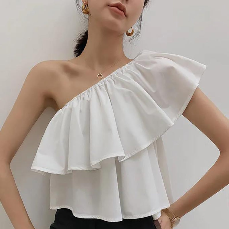 Ifomt Fashion Off Shoulders White Shirts Women Sexy Ruffle Skew Collar Sleeveless Crop Tops Ladies 2022 Summer
