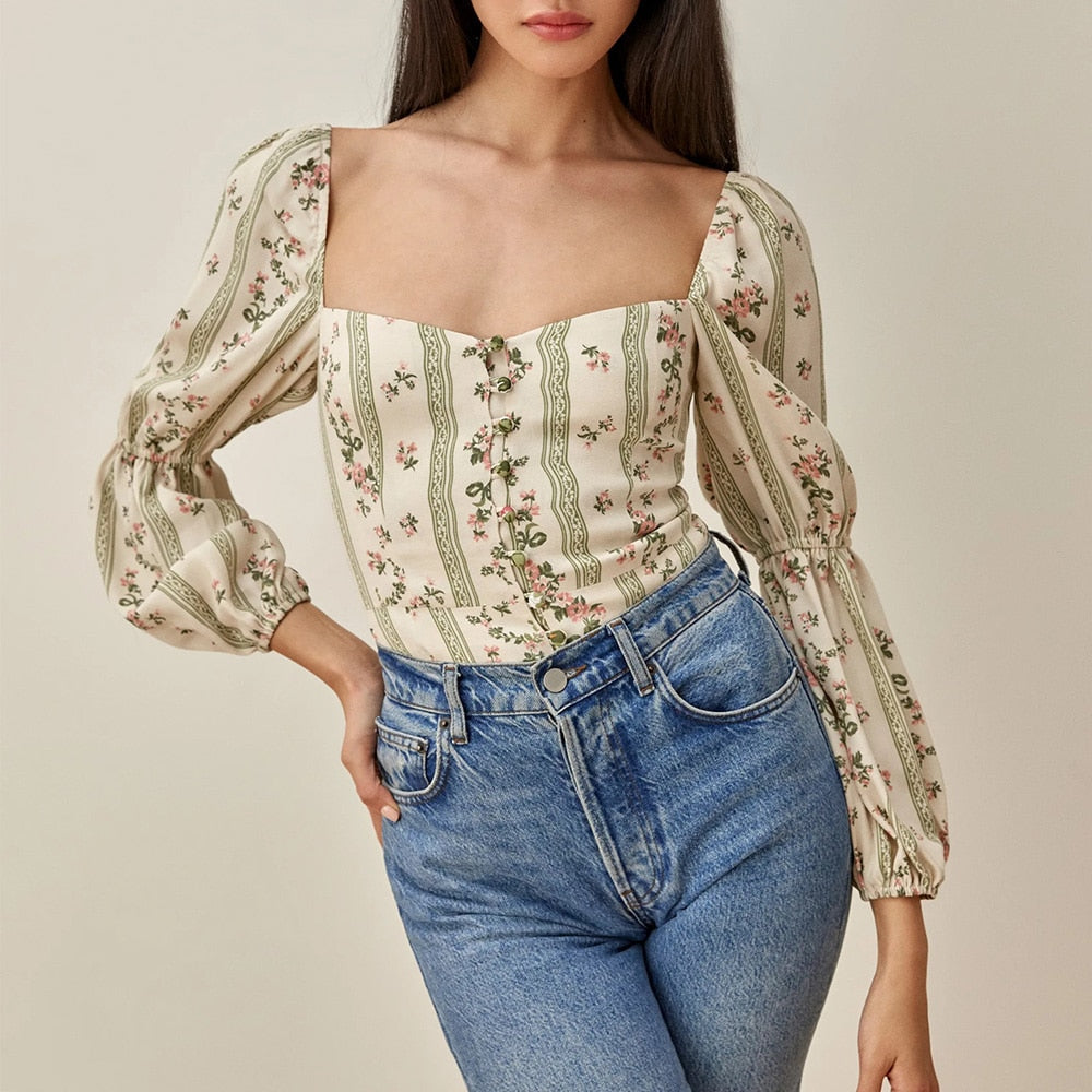 Ifomt Vacation Beach Summer Tops For Women Fashion Elegant Blouses Square Neck Puff Sleeve Blouse Floral Print Long Sleeve Top