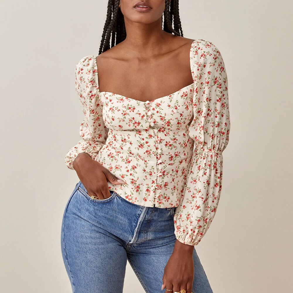 Ifomt Floral Print Top Women Square Neck Front Buttons Fitted Vintage Elegant Blouse Double Puff Long Sleeve Ladies Chiffon Blouses