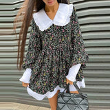 Ifomt Sweet Peter Pan Collar Flower Printing Dress Autumn Cute Lantern Sleeve Loose Casual Mini Dresses For Women