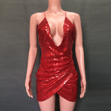 Ifomt Backless Party Sequin Dress Women Glitter Club Bodycon Mini Dress Summer Spaghetti Strap Christmas Dress Vestidos
