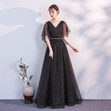 Beauty-Emily Tulle V Neck Ruffle Evening Dresses Long A-line Crystal Formal Dress Party Prom Gowns Lace Up Back Vestido de noche