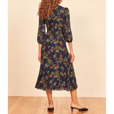 Ifomt Dresses Spring Autumn Women Clothing 3/4 Sleeve Print Floral Vintage Dress Woman Sweetheart Neck Tie Midi Dress