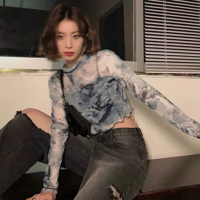 Ifomt Y2K E-Girl Tie-Dye Tops Bottoming Cute Tees Women Harajuku Summer Streetwear Hot Girl Gothic Punk Silk Mesh Short Slim T-Shirt