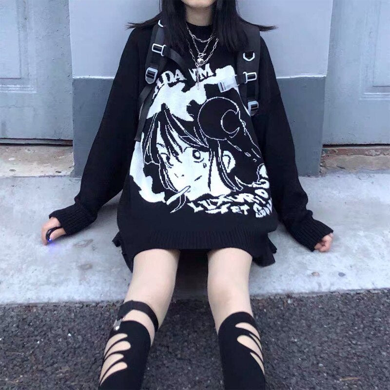 Ifomt Japan Anime Punk Streetwear Knitted Harajuku Women Oversized Sweaters Long Sleeve Goth E-Girls Casual Kawaii Vintage Cartoon Top