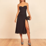 Ifomt Black Evening Dresses For Women Sexy Side Slit Midi Dress Sweetheart Neck Tie Spaghetti Strap Summer Party Dress