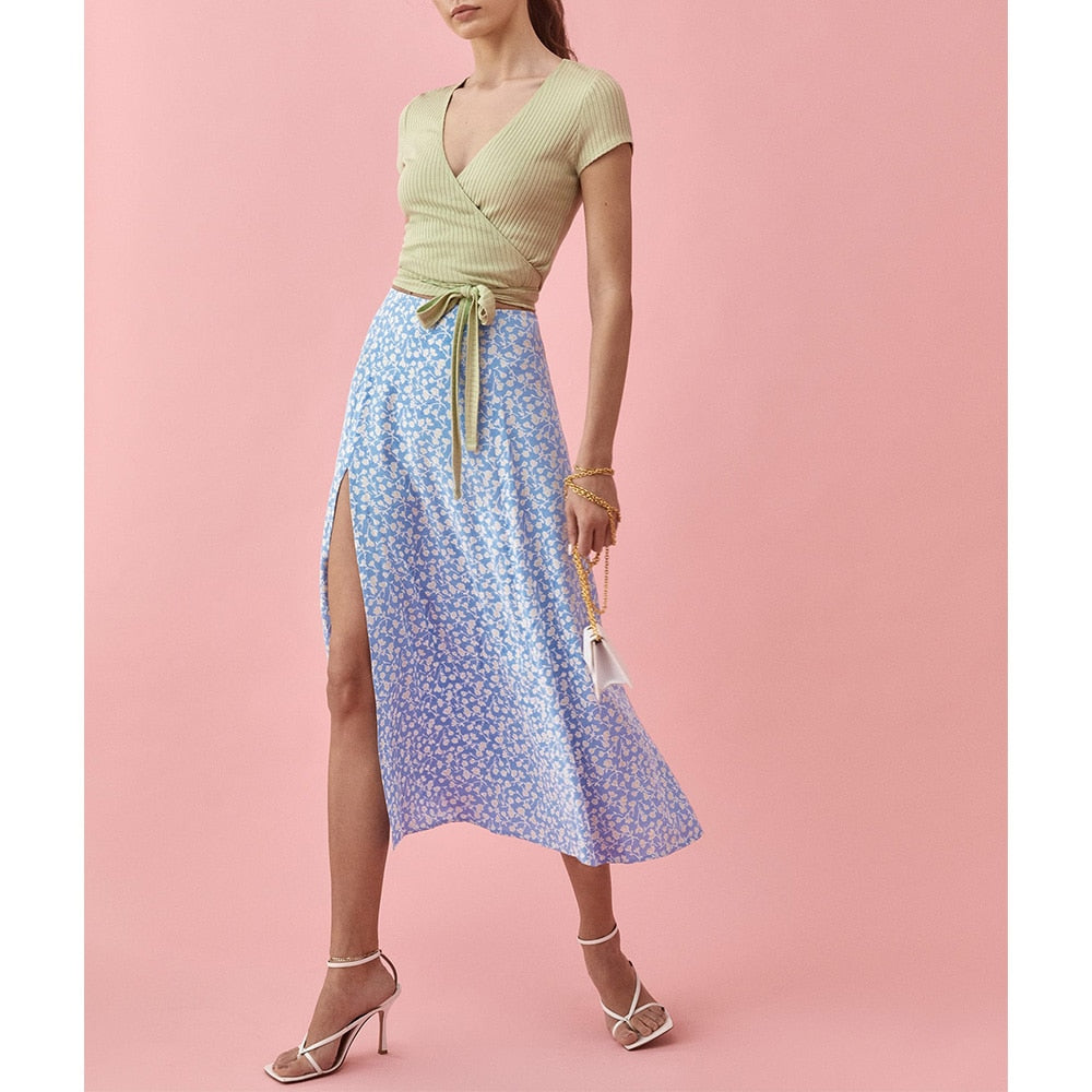 Ifomt Long Skirts Womens Midi Elegant Vacation Beach Floral Print Summer Skirt High Waist A Line Side Slit Skirt Women Clothing