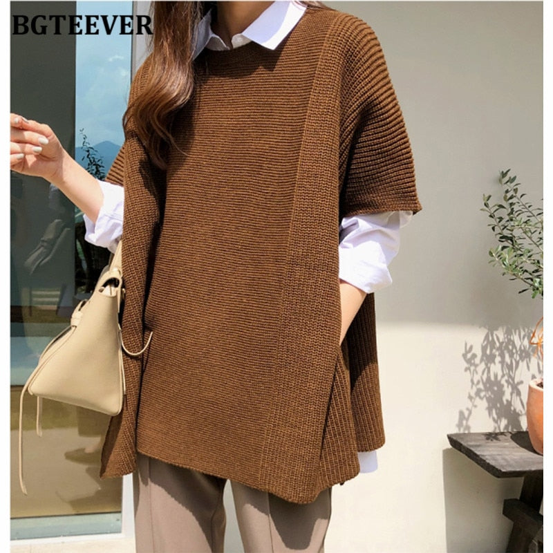 Ifomt  Casual O-Neck Oversized Women Sweater Pullovers 2022 Autumn Knitting Tops Batwing Sleeve Side Split Women Vest