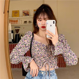 Blouses Women Floral Shirring Slim Crop Top Summer New Design Navel Thin All-match Elasticity 3 Colors Blusas Mujer Fashion Soft