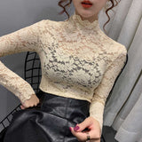 Autumn Women Thin Black Lace T shirt Turtleneck Long Sleeve Slim Lace Crochet Patchwork Tee Tops