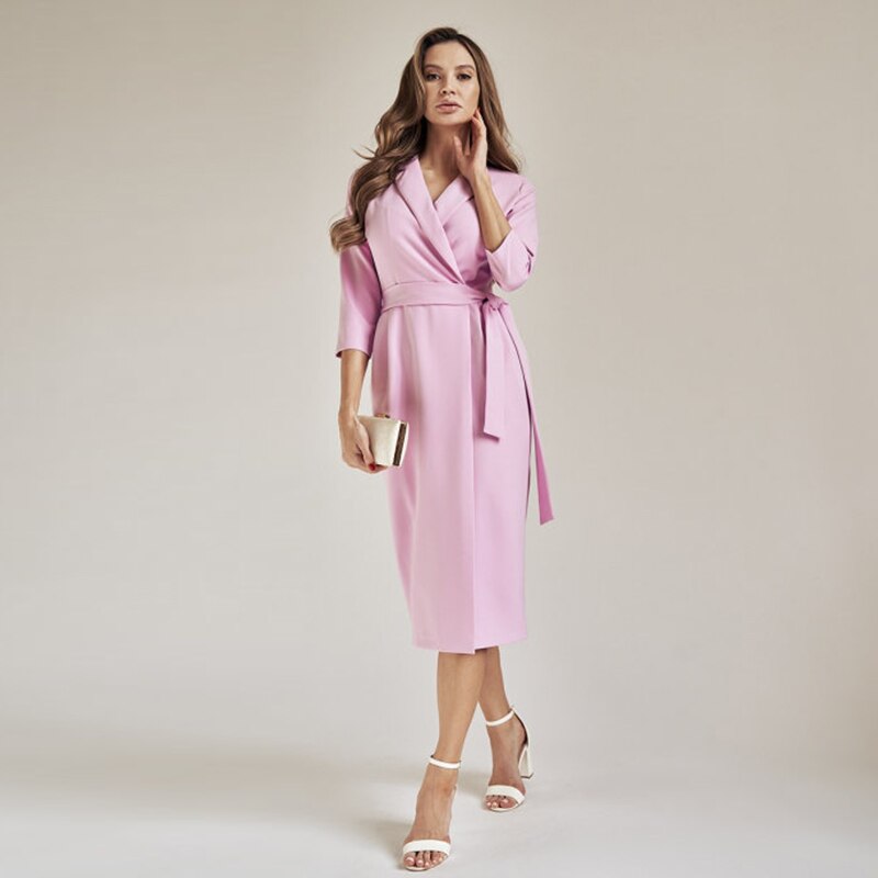 Ifomt Casual Suit Collar Belt Straight Dress Autumn Seven Sleeve Solid Color Home Wear Office Lady Dresses For Women