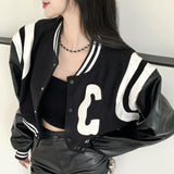 Ifomt Streetwear Black PU Leather Stitching Sleeve Baseball Female Jacket Harajuku 90S Vintage Embroidery Punk Cool Casual Short Coat