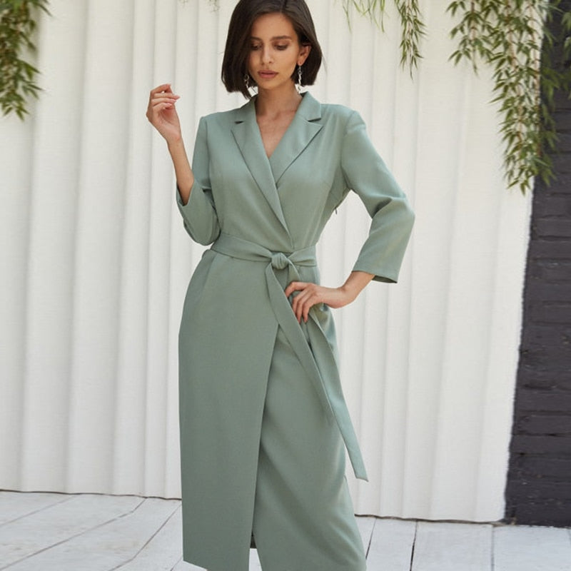 Ifomt Casual Suit Collar Belt Straight Dress Autumn Seven Sleeve Solid Color Home Wear Office Lady Dresses For Women