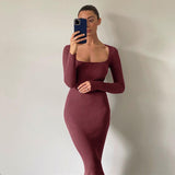 Bodycon Dress Long Evening Sleeve Knitted Cotton Autumn 2021 Women's Clothing Sexy Trendy Hit Elegant Gowns Party Solid Black
