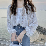 Ifomt Back to college Women Blouses Floral Single Breasted O-Neck Chiffon Patchwork Sweet Tender Elegant Lantern Sleeve Ulzzang Fairy Retro Shirts New