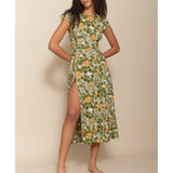 Ifomt Women Dresses Summer O-Neck Short Cap Sleeve Vintage Print Chiffon Midi Floral Dress With Slit Sexy Backless Beach Dress