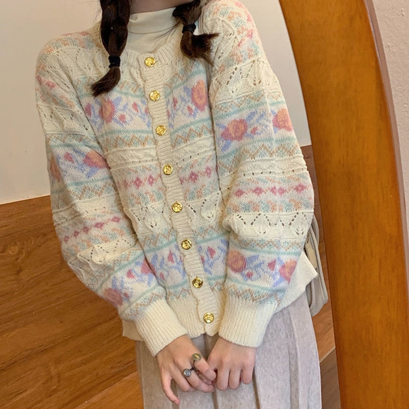 Ifomt Hollow Loose Flower Knitted Cardigan Vintage Sweater Sweet Knitted Cardigan Women Autumn Winter Button Kawaii Sweater Korean Top