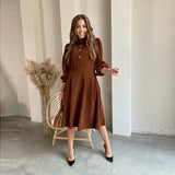 Ifomt Casual O-Neck Button Folds Midi Dress Autumn Lantern Sleeve Corduroy Loose Office Lady A-Line Dresses For Women