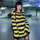 Ifomt Goth Punk Dark Black Wild Ripped Torn Mid-Length Knitted Tops Japanese Y2K Streetwear Hip Hop Couple Striped Loose Women Sweater