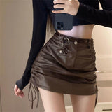 Ifomt Leather Skirts Women Fashion Sexy High Waist Drawstring Pack Hip Skirt Mini 2022 Ladies Autumn New Black Lace-Up Skirt For Woman