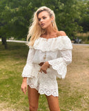 Ifomt 2023 Spring And Summer Women Sets Hollow Out White Off The Shoulder Blouse And Shorts Holiday Vocation Sets