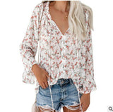 2022 loose women's chiffon shirt V-neck lace floral women  tops shirts with ruffled flared sleeves casual women blouse