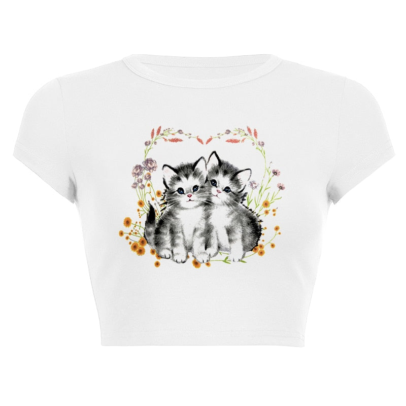 Ifomt Goth Girl Cute Sweet T-Shirt Women Cute Cat Printed O-Neck Slim Short Crop Top Ins 90s Sexy Streetwear Casual Graphic Y2K Tees