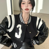 Ifomt Streetwear Black PU Leather Stitching Sleeve Baseball Female Jacket Harajuku 90S Vintage Embroidery Punk Cool Casual Short Coat