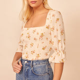 Ifomt Summer Tops Women Clothing Square Neck Flare Sleeve Shirred Vintage Blouses For Women Elegant Floral Print Chiffon Blouse Top