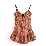 Ifomt 2023 Summer V-Neck Straps Autumn Tropical Floral Print Mini Dress Fall Sexy Bodycon Dress