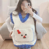 Ifomt Korean Harajuku Loose Winter White Fun Cute Girl Knitted Sweater Casual Vest New Pocket V-Neck Y2K Lady Vintage Splicing Sweater
