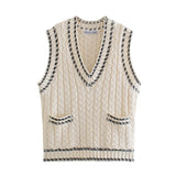 Ifomt Sweaters Fashion Women Contrast Stitching Trim Cable Knitted Pullover V Neck Sleeveless Casual Pocket Loose Sweater Vest