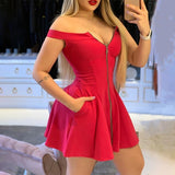 Ifomt Fashion Sleeveless Off Shoulder Zipper Pocket Gothic Style Summer Mini Pleated Women Party Dress Sexy Red Birthday Female Robes