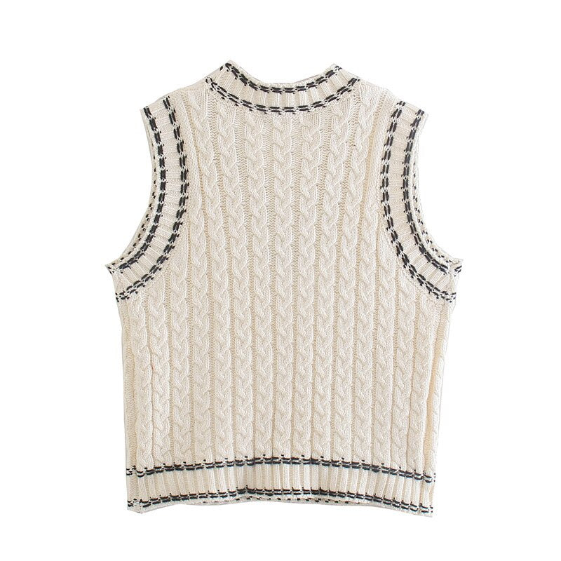 Ifomt Sweaters Fashion Women Contrast Stitching Trim Cable Knitted Pullover V Neck Sleeveless Casual Pocket Loose Sweater Vest