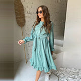 Ifomt Casual O-Neck Corduroy Belt Ruffle Dress Autumn Flared Sleeves Single-Breasted Office Lady A-Line Dresses For Women