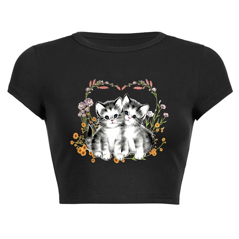 Ifomt Goth Girl Cute Sweet T-Shirt Women Cute Cat Printed O-Neck Slim Short Crop Top Ins 90s Sexy Streetwear Casual Graphic Y2K Tees