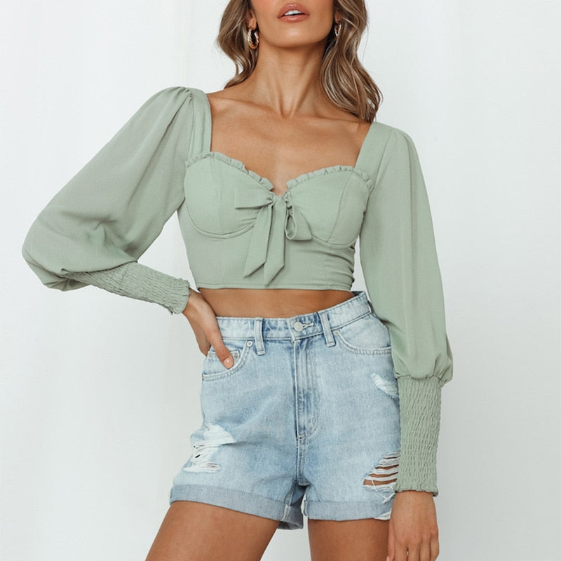 Ifomt Chiffon Blouse Women Long Sleeve Crop Tops Ladies Solid Casual Summer Blouses Frill Trim Sweetheart Neck Bow Tie Sexy Crop Top