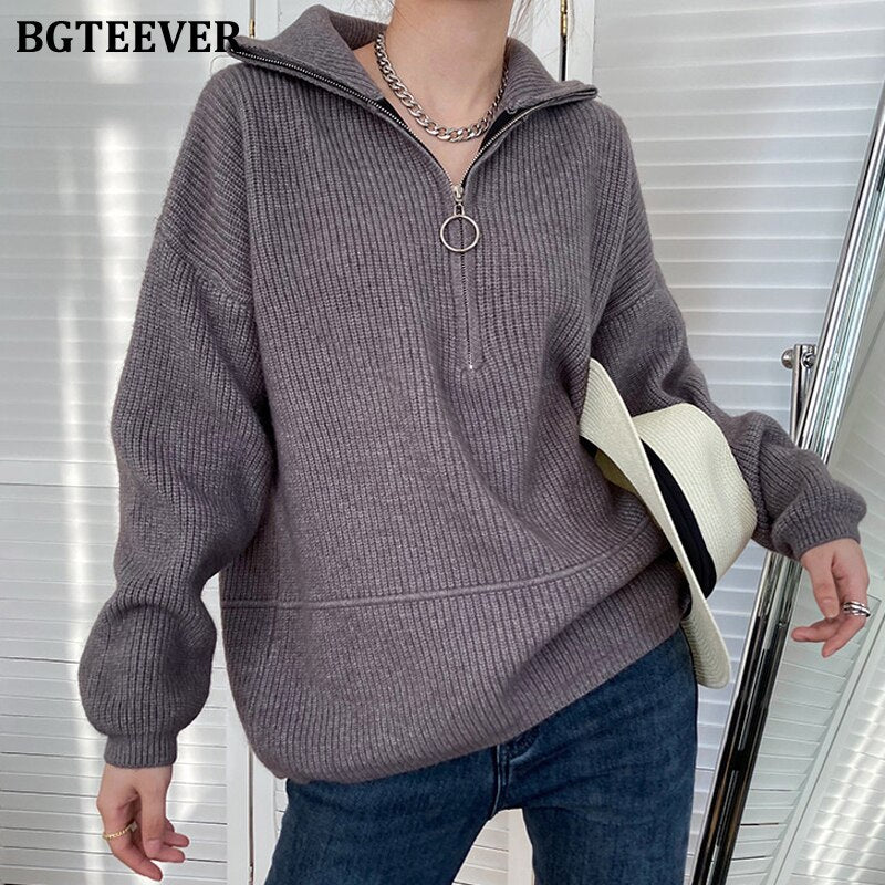 Ifomt  Autumn Winter Zipper Turtleneck Sweaters Women Casual Thick Long Pullover Jumpers Female Loose Knitting Tops 2022