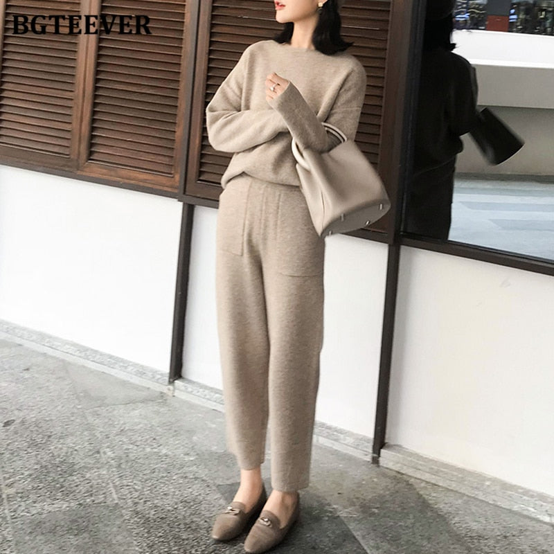 Ifomt  2022 Winter Casual Thick Sweater Tracksuits O-Neck  Jumpers & Elastic Waist Pants Suit Female Knitted 2 Pieces Set