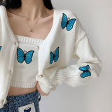 Ifomt Vintage Butterfly Embroidery Knit Long Sleeve Cardigan Tank Korean Lady Y2K Streetwear Sweet Girl Casual Autumn Short Sweater
