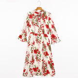 Ifomt Woman Dress Spring Summer Print Vintage Floral Dress Bow Tie Neck 3/4 Ruffle Sleeve Chiffon Midi Dresses For Women