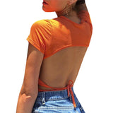 Backless Sexy T-shirts Women lady Short sleeve Bandage Open Back Slim Pullover Crew collar Short sleeve Crop top Club Streetwear