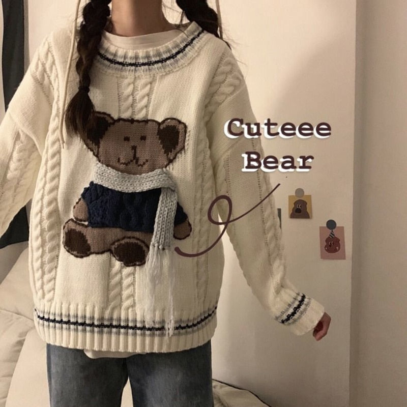 Ifomt College Style Student Cute Knitted Women Sweater Harajuku Warm Winter Loose Casual Vintage Cute Bear Kawaii Cartoon Girl Sweater