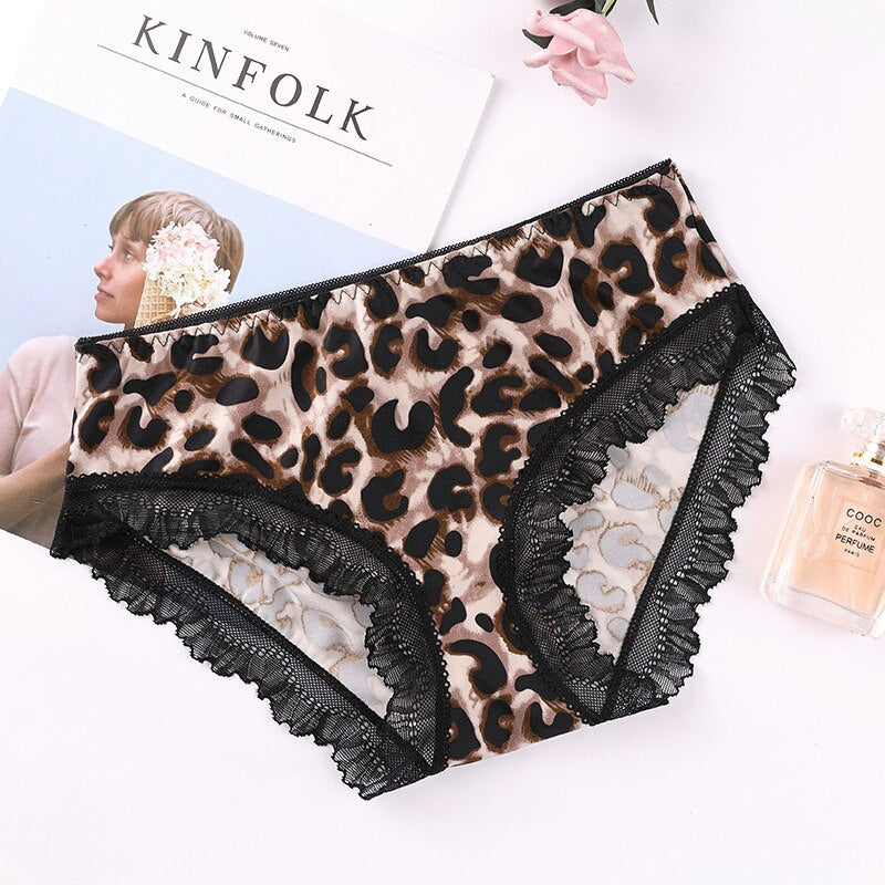 2Pcs Women's Leopard Print Underwear Female   Lace Panties Mid-Waist Ice Silk Briefs Women Solid Color Underpants Lingerie