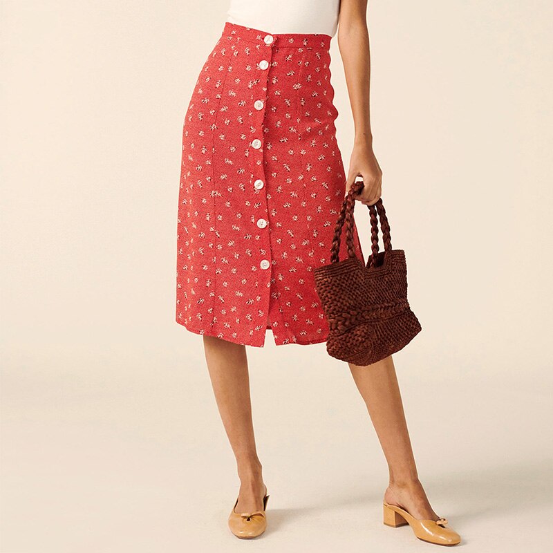 Ifomt Woman Skirts Elegant Vintage Floral Print Chiffon Midi Skirt Summer Skirts Womens High Waist Tie Front Buttons Pencil Skirt
