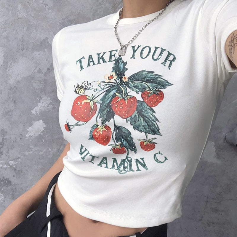Ifomt 90s Vintage Cute Casual Sweet Strawberry Print Crop Top Summer Harajuku Streetwear kawaii Graphics Y2K Slim Letter Women T-Shirt