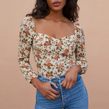 Ifomt Blouses Fashion Women Sweetheart Neck Elegant Chiffon Blouse Long Sleeve Vintage Floral Print Top Slim Fitted Womens Tops