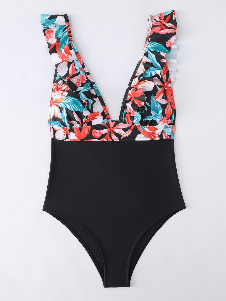 2023   V-Neck Swimsuit One Piece Ruffle Swimwear Female Floral Bathing Suit Women Printed Swimming Summer Beach Wear