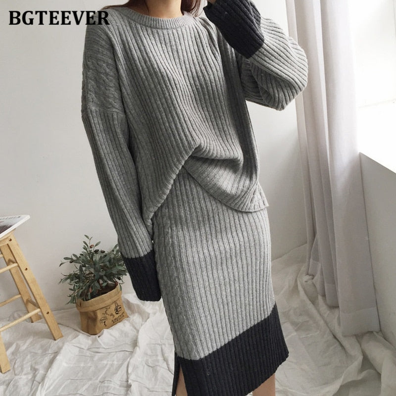 Ifomt  Elegant Thick Knitted 2 Pieces Set Women O-Neck Patchwork Pullovers & Side Split Skirts 2022 Autumn Sweater Set Female