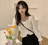 Back to college Blouses Women Sweet   Square Collar Design Spring Top Slim Flare Sleeve Fashion Solid Cute All-Match College Bandage Blusas